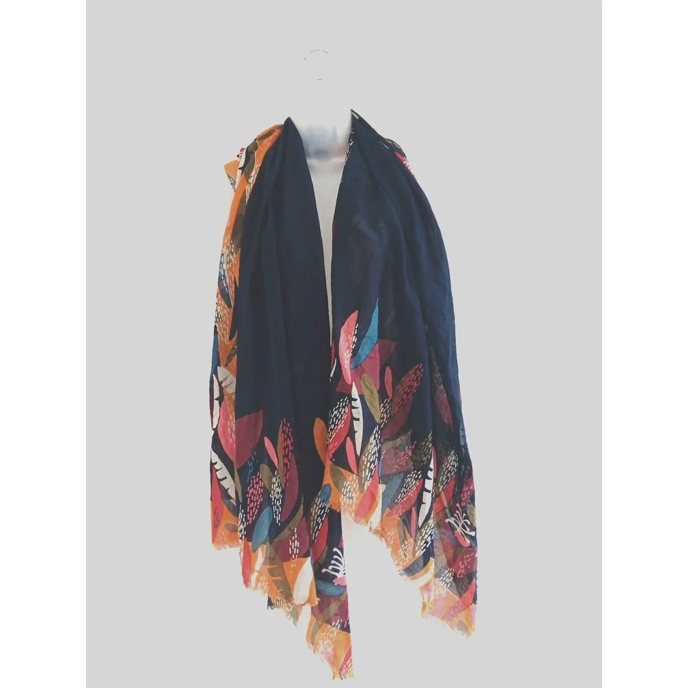 Galeries Lafayette Paris Sheer Scarf Navy Blue Leaf 100% Cotton Fringe Artsy - Picture 2 of 6